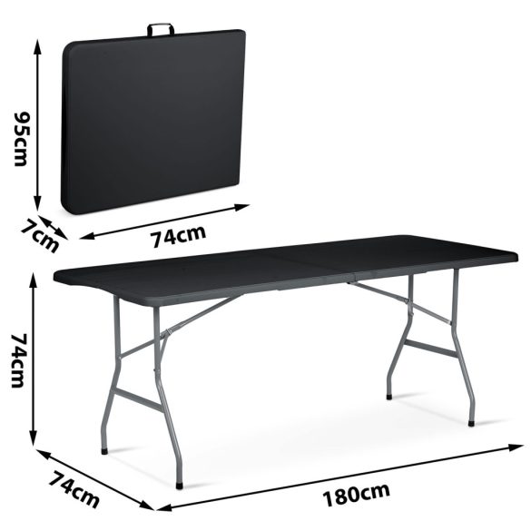 Kerti asztal, Plonos, fekete, 180 cm, acél keret, HDPE műanyag felület, összecsukható