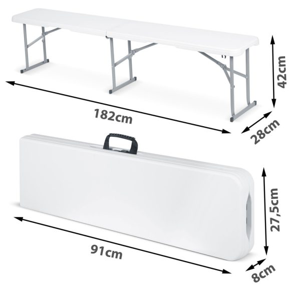 Sörpad, Plonos, fehér, 180 cm, acél keret, HDPE műanyag ülőfelület, összecsukható