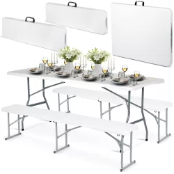   Sörpad szett, Plonos, fehér, 180 cm, acél keret, HDPE műanyag felület, összecsukható, 3 db, asztal és 2 pad