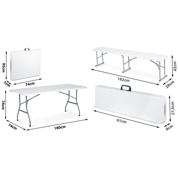 Sörpad szett, Plonos, fehér, 180 cm, acél keret, HDPE műanyag felület, összecsukható, 3 db, asztal és 2 pad