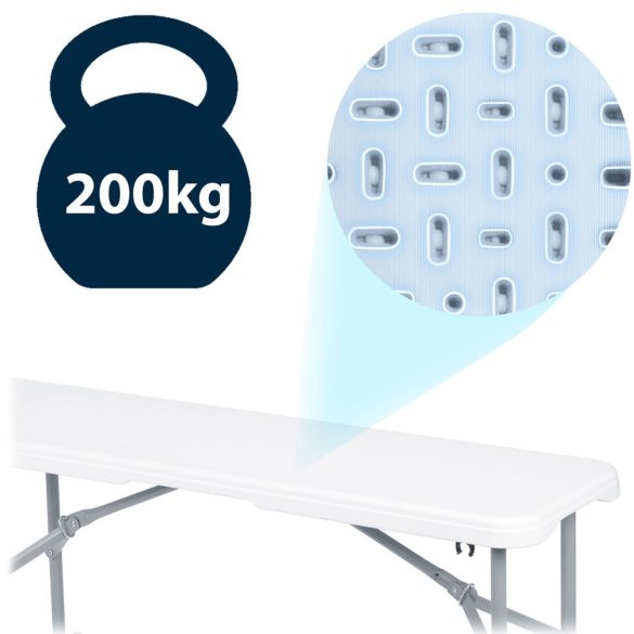 Sörpad szett, Plonos, fehér, 180 cm, acél keret, HDPE műanyag felület, összecsukható, 3 db, asztal és 2 pad