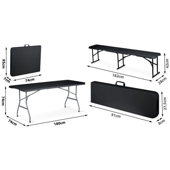 Sörpad szett, Plonos, fekete, 180 cm, acél keret, HDPE műanyag felület, összecsukható, 3 db, asztal és 2 pad
