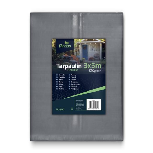 Takaróponyva, Plonos PL-500, 3 x 5 m, 120 g/m2, ezüst-kék, HDPE, vízálló, UV-álló, fagyálló, acél ringlik, erősített szegély, kétoldalas