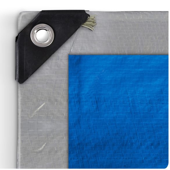 Takaróponyva, Plonos PL-500, 3 x 6 m, 120 g/m2, ezüst-kék, HDPE, vízálló, UV-álló, fagyálló, acél ringlik, erősített szegély, kétoldalas