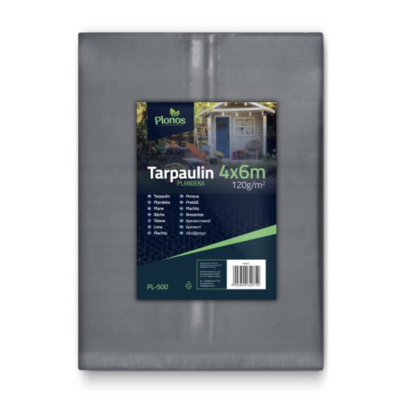 Takaróponyva, Plonos PL-500, 4 x 6 m, 120 g/m2, ezüst-kék, HDPE, vízálló, UV-álló, fagyálló, acél ringlik, erősített szegély, kétoldalas
