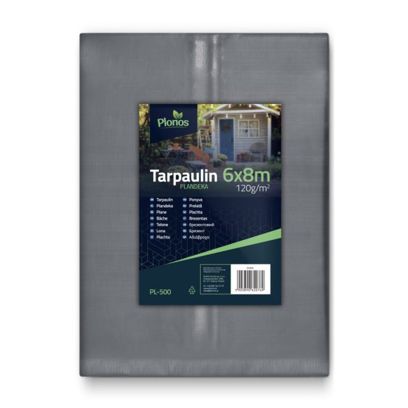 Takaróponyva, Plonos PL-500, 6 x 8 m, 120 g/m2, ezüst-kék, HDPE, vízálló, UV-álló, fagyálló, acél ringlik, erősített szegély, kétoldalas