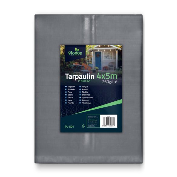 Takaróponyva, Plonos PL-501, 4 x 5 m, 260 g/m2, ezüst-fekete, HDPE, vízálló, UV-álló, fagyálló, acél ringlik, erősített szegély, kétoldalas