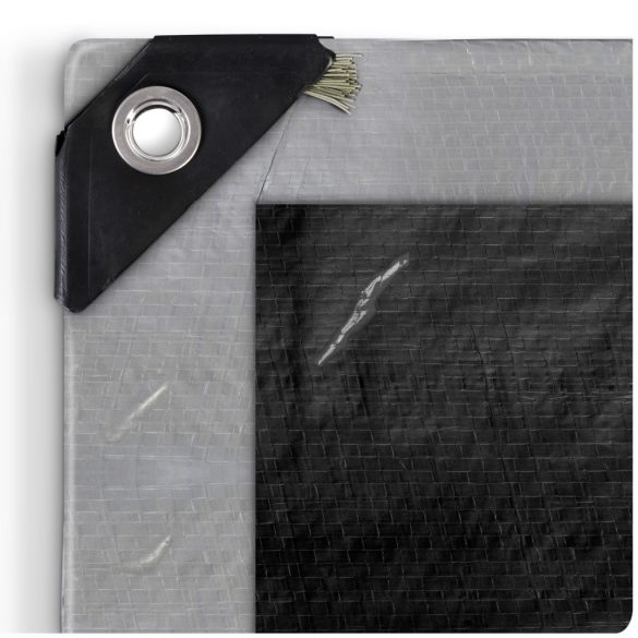 Takaróponyva, Plonos PL-501, 4 x 5 m, 260 g/m2, ezüst-fekete, HDPE, vízálló, UV-álló, fagyálló, acél ringlik, erősített szegély, kétoldalas