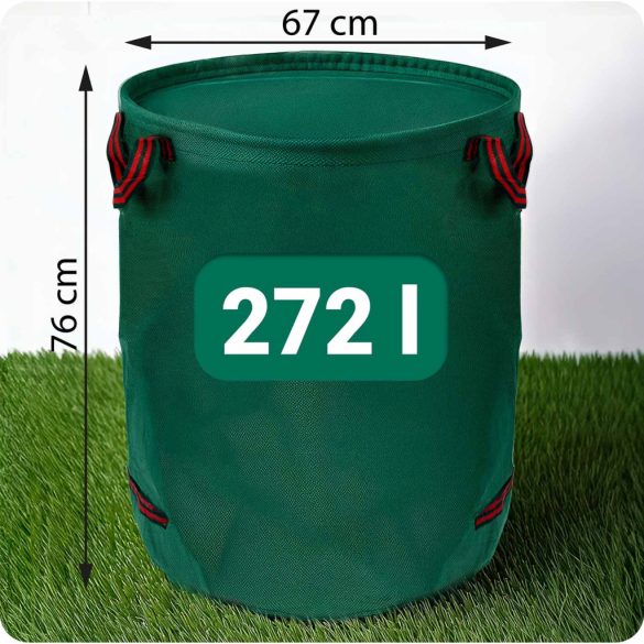 Kerti hulladékzsák, Plonos PL-524, zöld, 272 l, összecsukható, időjárásálló, polipropilén, 4 fogantyúval, megerősített perem, levelekhez