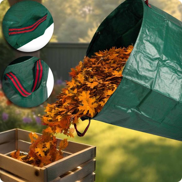 Kerti hulladékzsák, Plonos PL-524, zöld, 272 l, összecsukható, időjárásálló, polipropilén, 4 fogantyúval, megerősített perem, levelekhez