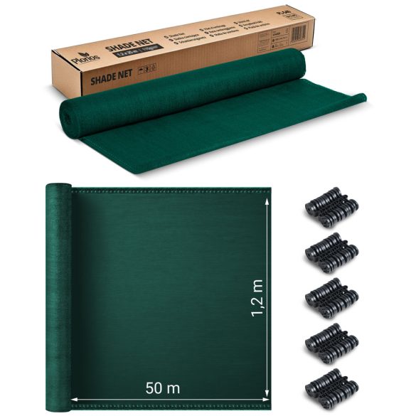Árnyékoló háló medence fölé, kerítésre, Plonos 454101, 1,2 x 50 m, zöld, HDPE, 110 g/m2, 80% árnyékolás, UV-álló, 50 db rögzítő klipsz