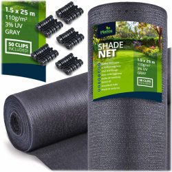   Árnyékoló háló medence fölé, kerítésre, Plonos 454200, 1,5 × 25 m, szürke, HDPE, 110 g/m2, 80% árnyékolás, UV-álló, 50 db rögzítő klipsz