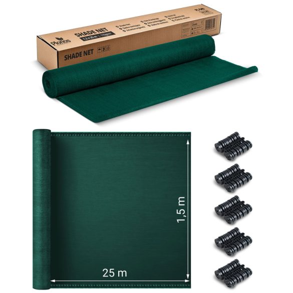 Árnyékoló háló medence fölé, kerítésre, Plonos 454201, 1,5 x 25 m, zöld, 90% árnyékolás, HDPE, UV-álló, időjárásálló, 110 g/m2, 50 db rögzítő klipsz