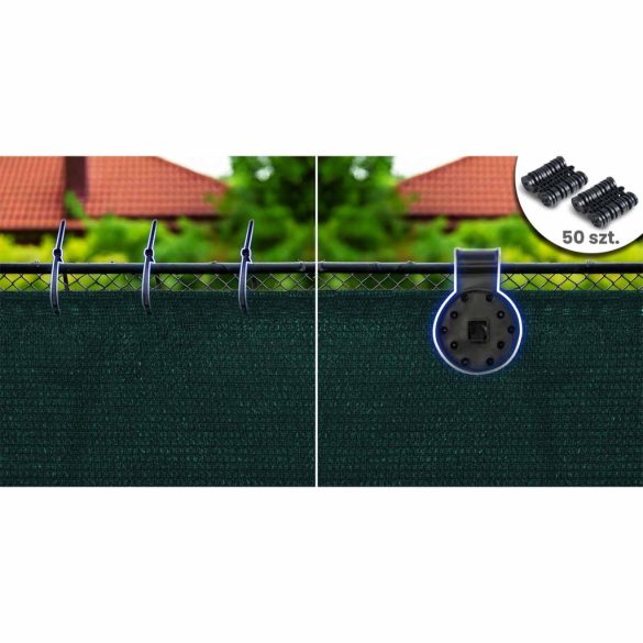 Árnyékoló háló medence fölé, kerítésre, Plonos 454201, 1,5 x 25 m, zöld, 90% árnyékolás, HDPE, UV-álló, időjárásálló, 110 g/m2, 50 db rögzítő klipsz