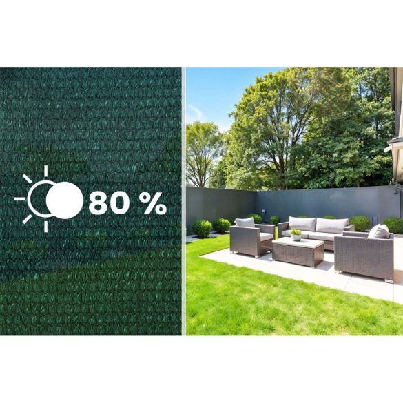 Árnyékoló háló medence fölé, kerítésre, Plonos 454201, 1,5 x 25 m, zöld, 90% árnyékolás, HDPE, UV-álló, időjárásálló, 110 g/m2, 50 db rögzítő klipsz