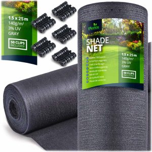 Árnyékoló háló medence fölé, kerítésre, Plonos 454210, 1,5 x 25 m, szürke, 90% árnyékolás, HDPE, UV-álló, időjárásálló, 140 g/m2, 50 db rögzítő klipsz