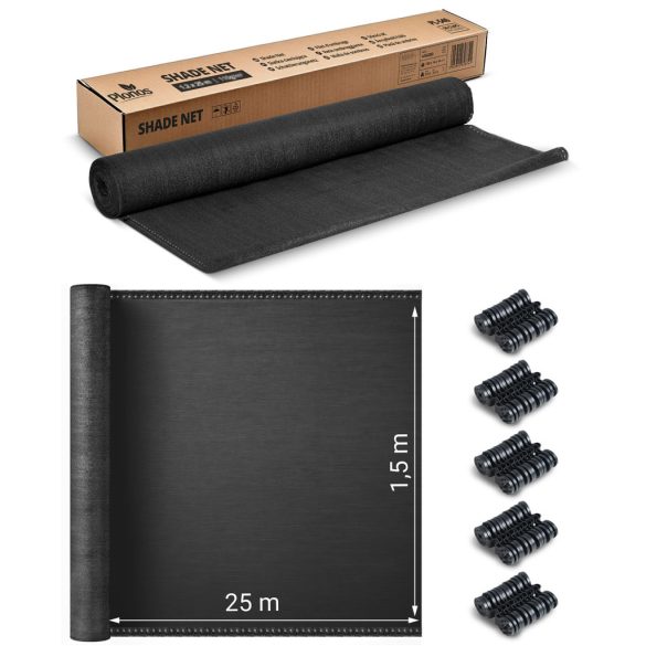 Árnyékoló háló medence fölé, kerítésre, Plonos 454210, 1,5 x 25 m, szürke, 90% árnyékolás, HDPE, UV-álló, időjárásálló, 140 g/m2, 50 db rögzítő klipsz