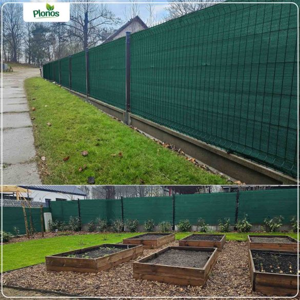 Árnyékoló háló medence fölé, kerítésre, Plonos 454301, 1,5 x 50 m, zöld, HDPE, 110 g/m2, 80% árnyékolás, UV-álló, 50 db rögzítő klipsz