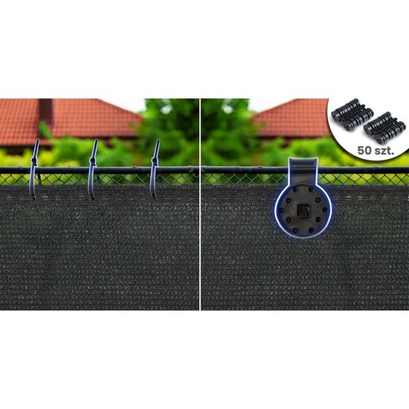 Árnyékoló háló medence fölé, kerítésre, Plonos 454310, 1,5 x 50 m, szürke, 90% árnyékolás, HDPE, UV-álló, időjárásálló, 140 g/m2, 50 db rögzítő klipsz