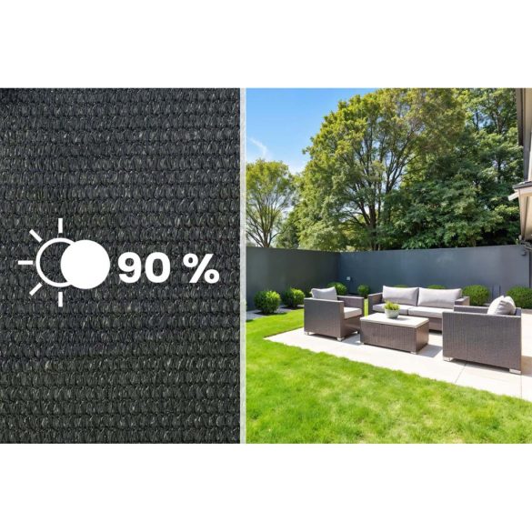 Árnyékoló háló medence fölé, kerítésre, Plonos 454310, 1,5 x 50 m, szürke, 90% árnyékolás, HDPE, UV-álló, időjárásálló, 140 g/m2, 50 db rögzítő klipsz