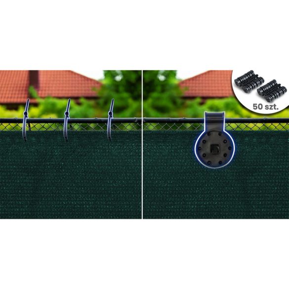 Árnyékoló háló medence fölé, kerítésre, Plonos 454311, 1,5 x 50 m, zöld, 90% árnyékolás, HDPE, UV-álló, időjárásálló, 140 g/m2, 50 db rögzítő klipsz