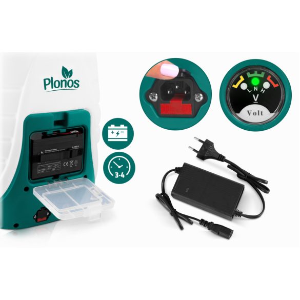 Akkumulátoros permetező, Plonos PL-601, fehér/zöld, 18 l, háti pántos, 12 V 8,0 Ah, nyomásszabályozható, 8 fúvóka, PE tartály, akkumulátorral és töltővel
