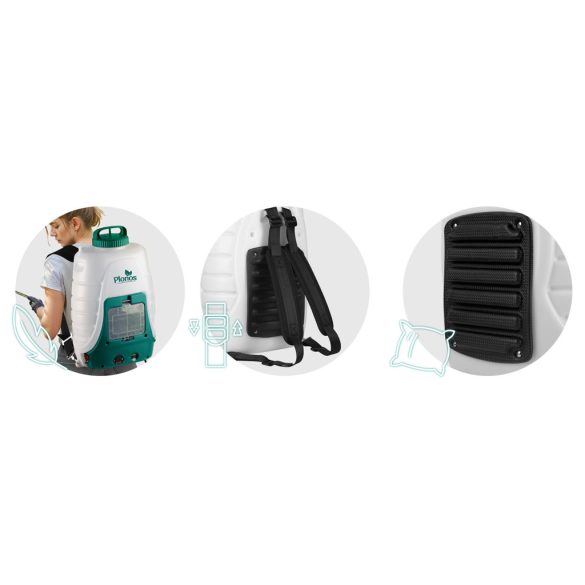 Akkumulátoros permetező, Plonos PL-601, fehér/zöld, 18 l, háti pántos, 12 V 8,0 Ah, nyomásszabályozható, 8 fúvóka, PE tartály, akkumulátorral és töltővel