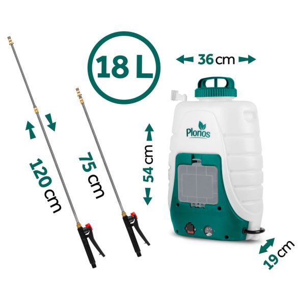 Akkumulátoros permetező, Plonos PL-601, fehér/zöld, 18 l, háti pántos, 12 V 8,0 Ah, nyomásszabályozható, 8 fúvóka, PE tartály, akkumulátorral és töltővel