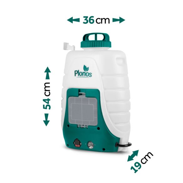 Akkumulátoros permetező, Plonos PL-601, fehér/zöld, 18 l, háti pántos, 12 V 8,0 Ah, nyomásszabályozható, 8 fúvóka, PE tartály, akkumulátorral és töltővel