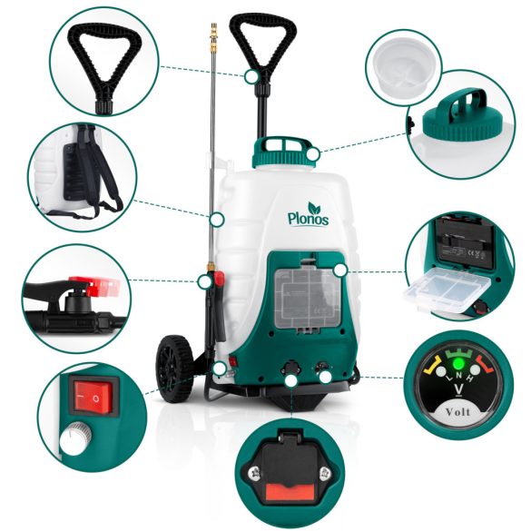 Akkumulátoros permetező, Plonos PL-601, fehér/zöld, 18 l, kerekes, 12 V 8,0 Ah, nyomásszabályozható, 8 fúvóka, PE tartály, akkumulátorral és töltővel