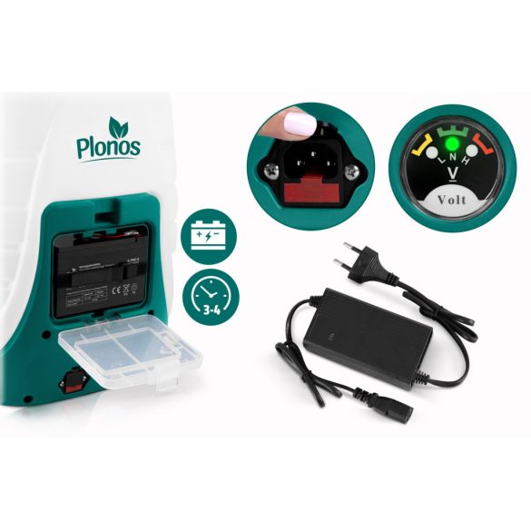 Akkumulátoros permetező, Plonos PL-601, fehér/zöld, 18 l, kerekes, 12 V 8,0 Ah, nyomásszabályozható, 8 fúvóka, PE tartály, akkumulátorral és töltővel