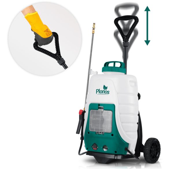 Akkumulátoros permetező, Plonos PL-601, fehér/zöld, 18 l, kerekes, 12 V 8,0 Ah, nyomásszabályozható, 8 fúvóka, PE tartály, akkumulátorral és töltővel