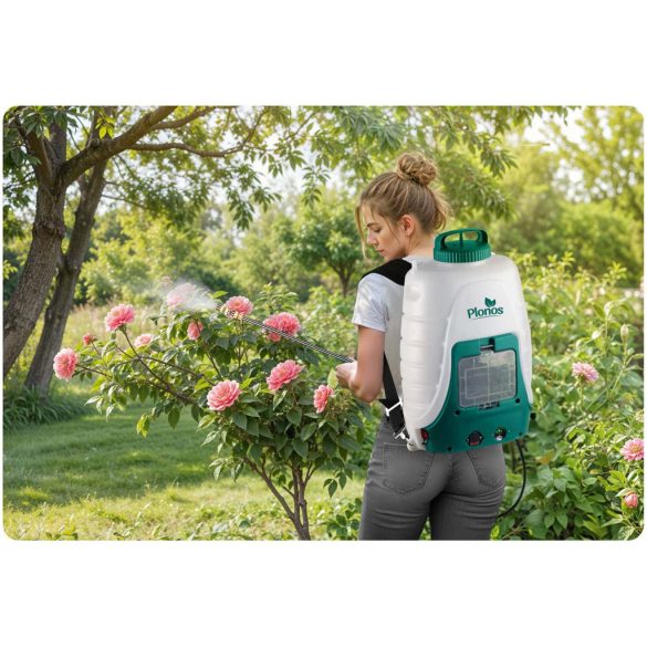 Akkumulátoros permetező, Plonos PL-601, fehér/zöld, 18 l, kerekes, 12 V 8,0 Ah, nyomásszabályozható, 8 fúvóka, PE tartály, akkumulátorral és töltővel