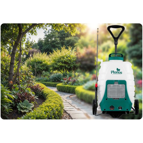 Akkumulátoros permetező, Plonos PL-601, fehér/zöld, 18 l, kerekes, 12 V 8,0 Ah, nyomásszabályozható, 8 fúvóka, PE tartály, akkumulátorral és töltővel