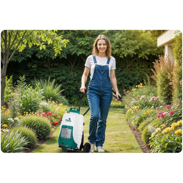Akkumulátoros permetező, Plonos PL-601, fehér/zöld, 18 l, kerekes, 12 V 8,0 Ah, nyomásszabályozható, 8 fúvóka, PE tartály, akkumulátorral és töltővel