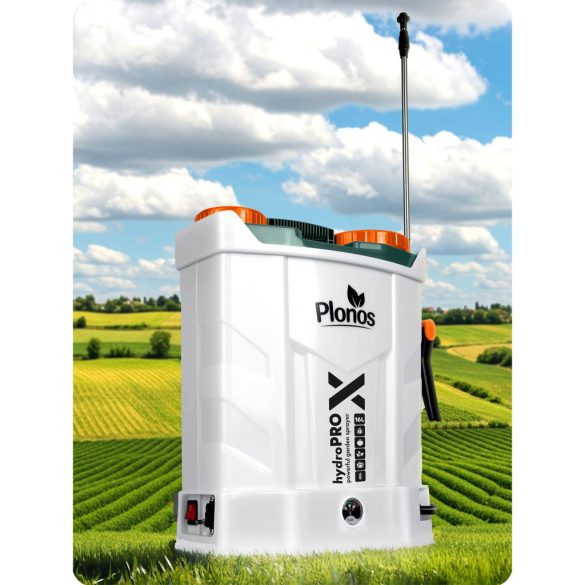 Akkumulátoros permetező, Plonos PL-602, szürke, 16 l, háti pántos, 12 V 8,0 Ah, 4 fúvóka, PE tartály, akkumulátorrral és töltővel