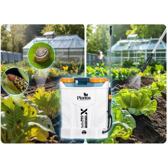 Akkumulátoros permetező, Plonos PL-602, szürke, 16 l, háti pántos, 12 V 8,0 Ah, 4 fúvóka, PE tartály, akkumulátorrral és töltővel