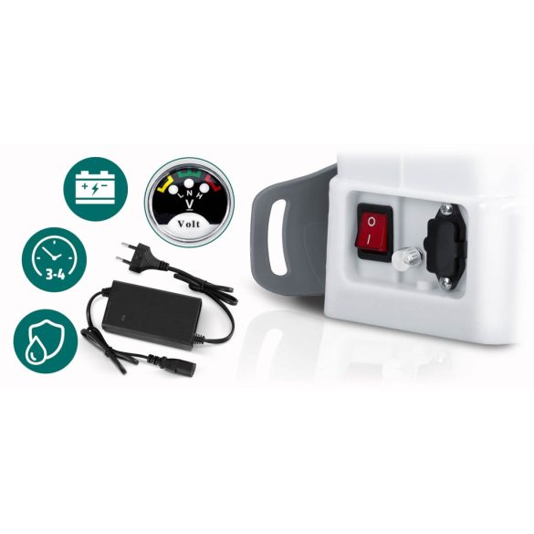 Akkumulátoros permetező, Plonos PL-602, szürke, 16 l, háti pántos, 12 V 8,0 Ah, 4 fúvóka, PE tartály, akkumulátorrral és töltővel