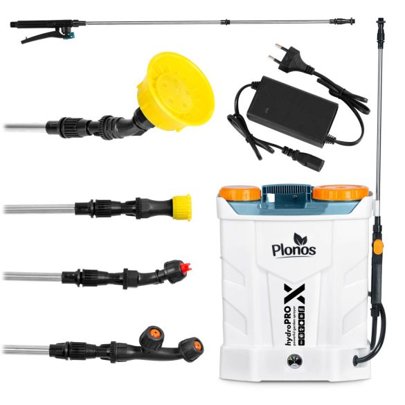 Akkumulátoros permetező, Plonos PL-602, szürke, 16 l, háti pántos, 12 V 8,0 Ah, 4 fúvóka, PE tartály, akkumulátorrral és töltővel