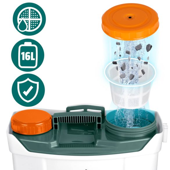 Akkumulátoros permetező, Plonos PL-602, szürke, 16 l, háti pántos, 12 V 8,0 Ah, 4 fúvóka, PE tartály, akkumulátorrral és töltővel