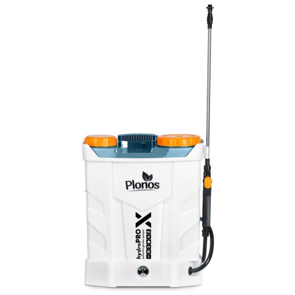 Akkumulátoros permetező, Plonos PL-602, szürke, 16 l, háti pántos, 12 V 8,0 Ah, 4 fúvóka, PE tartály, akkumulátorrral és töltővel