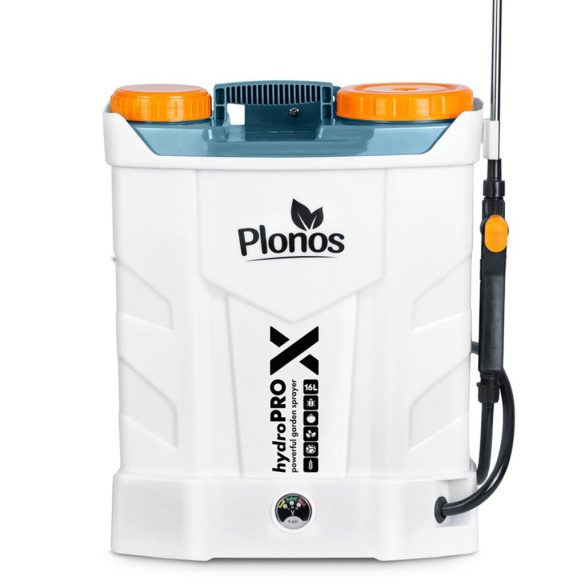 Akkumulátoros permetező, Plonos PL-602, szürke, 16 l, háti pántos, 12 V 8,0 Ah, 4 fúvóka, PE tartály, akkumulátorrral és töltővel