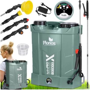 Akkumulátoros permetező, Plonos PL-602, sötétzöld, 16 l, háti pántos, 12 V 8,0 Ah, 4 fúvóka, PE tartály, akkumulátorrral és töltővel