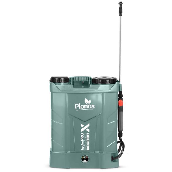Akkumulátoros permetező, Plonos PL-602, sötétzöld, 16 l, háti pántos, 12 V 8,0 Ah, 4 fúvóka, PE tartály, akkumulátorrral és töltővel
