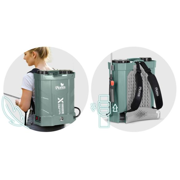 Akkumulátoros permetező, Plonos PL-602, sötétzöld, 16 l, háti pántos, 12 V 8,0 Ah, 4 fúvóka, PE tartály, akkumulátorrral és töltővel