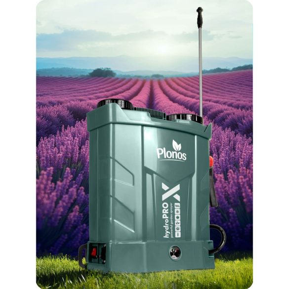 Akkumulátoros permetező, Plonos PL-602, sötétzöld, 16 l, háti pántos, 12 V 8,0 Ah, 4 fúvóka, PE tartály, akkumulátorrral és töltővel