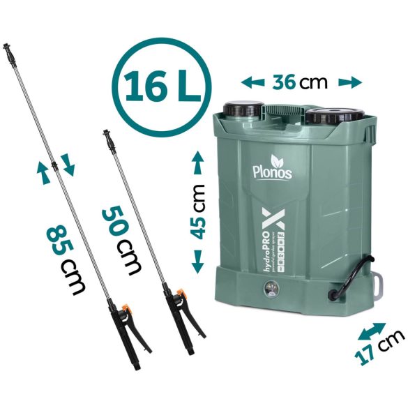 Akkumulátoros permetező, Plonos PL-602, sötétzöld, 16 l, háti pántos, 12 V 8,0 Ah, 4 fúvóka, PE tartály, akkumulátorrral és töltővel