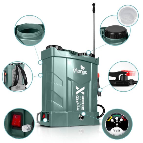 Akkumulátoros permetező, Plonos PL-602, sötétzöld, 16 l, háti pántos, 12 V 8,0 Ah, 4 fúvóka, PE tartály, akkumulátorrral és töltővel