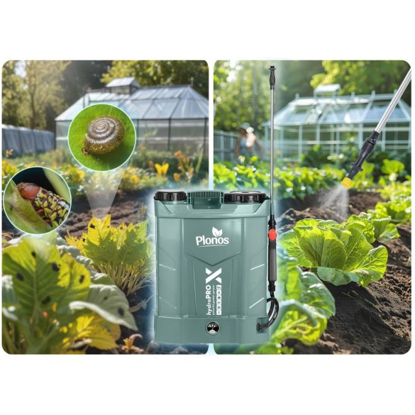 Akkumulátoros permetező, Plonos PL-602, sötétzöld, 16 l, háti pántos, 12 V 8,0 Ah, 4 fúvóka, PE tartály, akkumulátorrral és töltővel