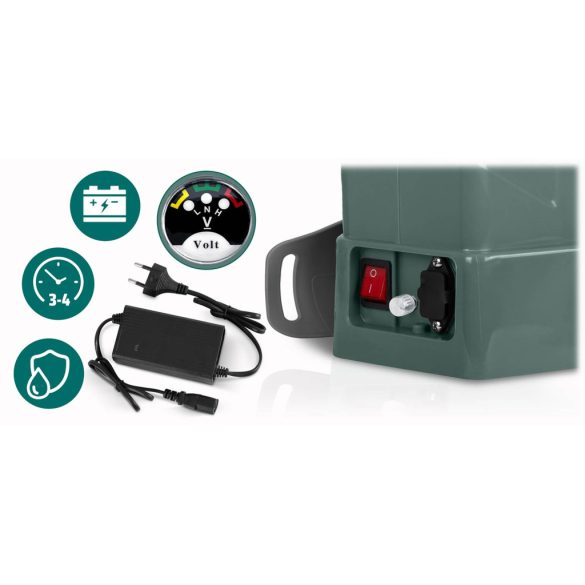 Akkumulátoros permetező, Plonos PL-602, sötétzöld, 16 l, háti pántos, 12 V 8,0 Ah, 4 fúvóka, PE tartály, akkumulátorrral és töltővel